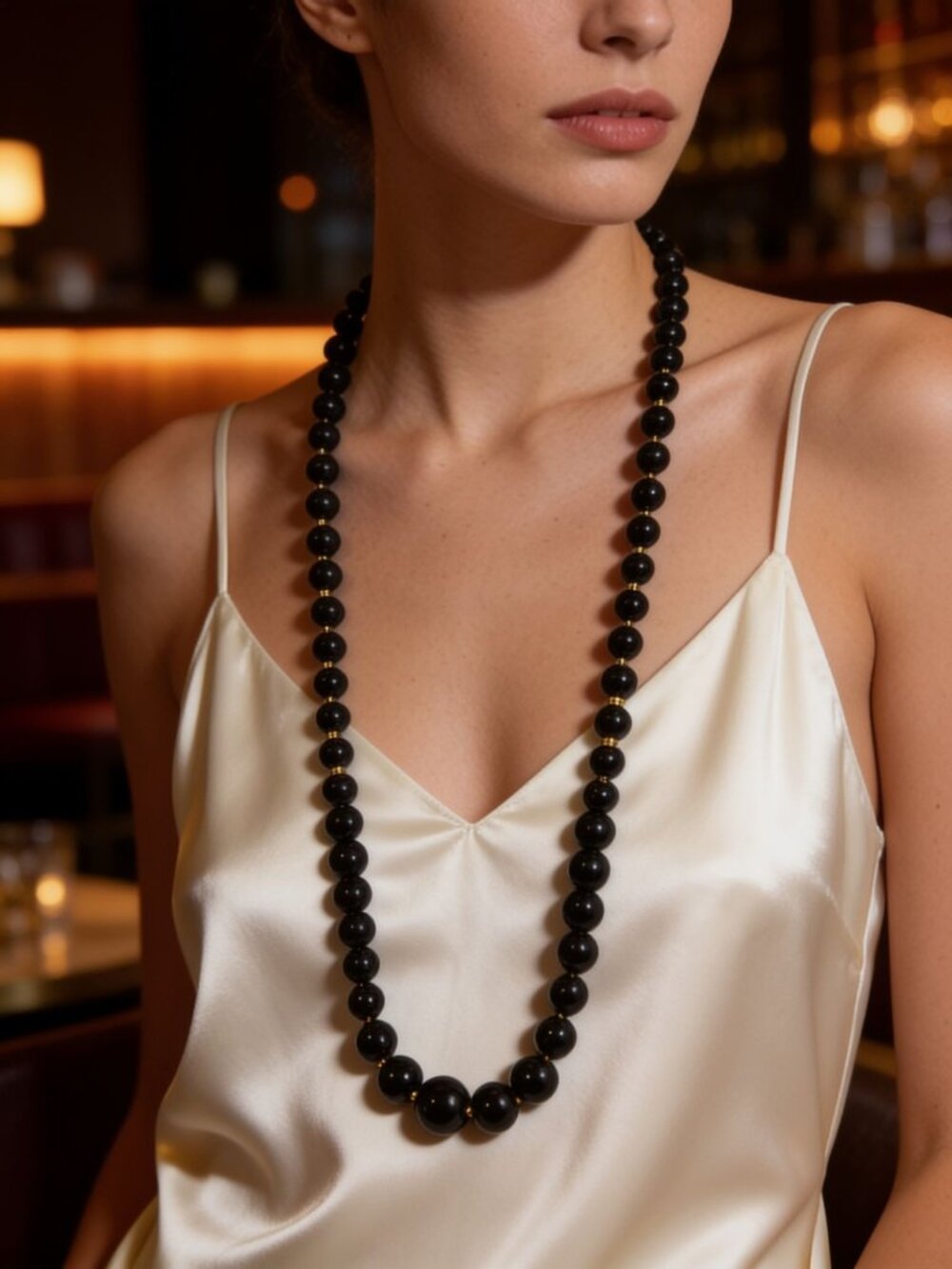 vintage acrylic/metal black/gold single row beaded necklace